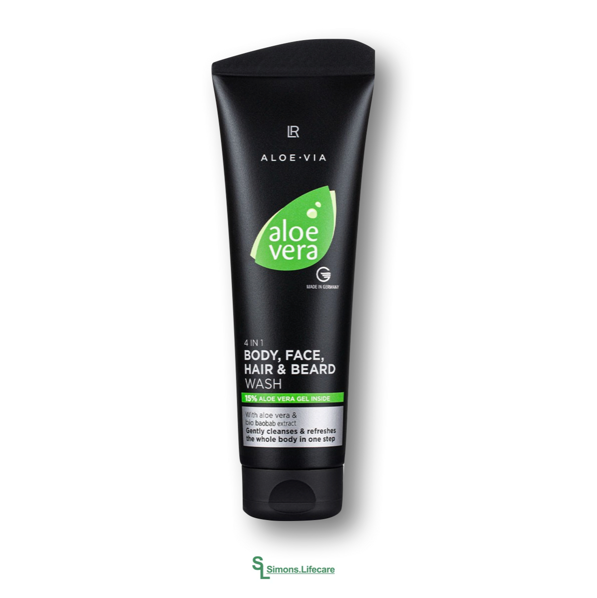 Reinigt sanft und zuverlässig Körper, Haut, Haare und Bart. Befreit von den Rückständen, Umwelteinflüssen und Gerüchen - das LR Aloe Vera Mens Essentials 4in1 Körper-, Gesicht-, Haar- und Bart-Shampoo für Männer, 250ml Tube.