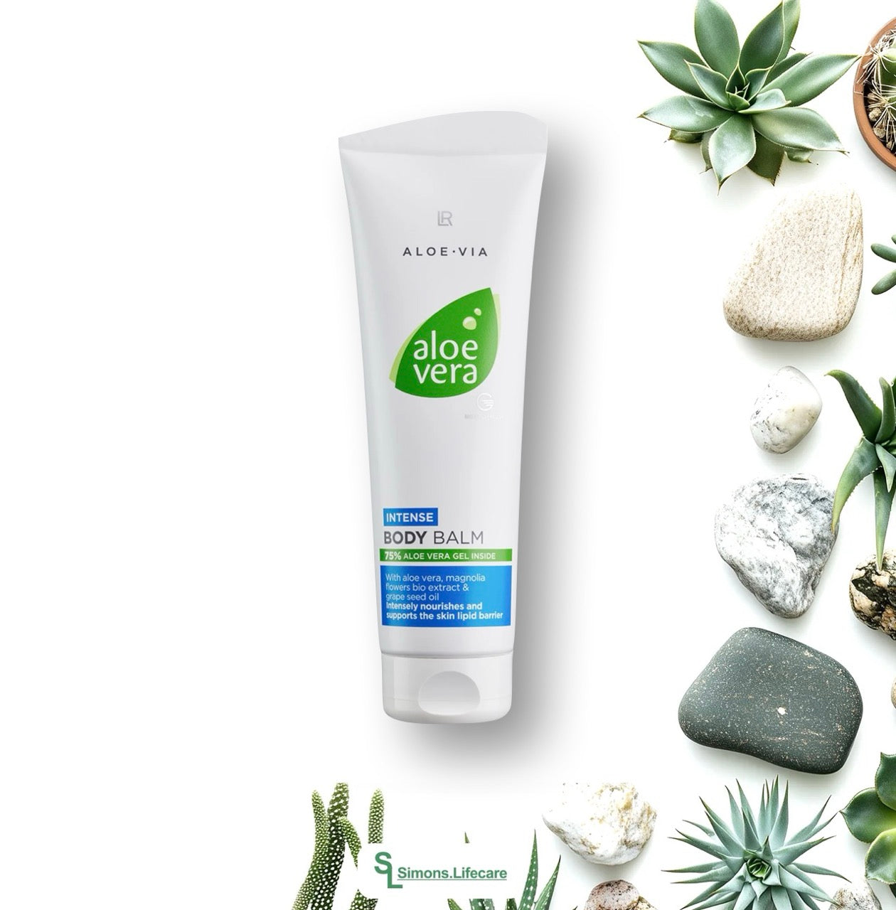 Die optimale Körperpflege für trockene Haut – mit dem LR Aloe Vera Intense Body Balm extra reichhaltiger Körperbalsam in der XXL-Tube mit 250ml.