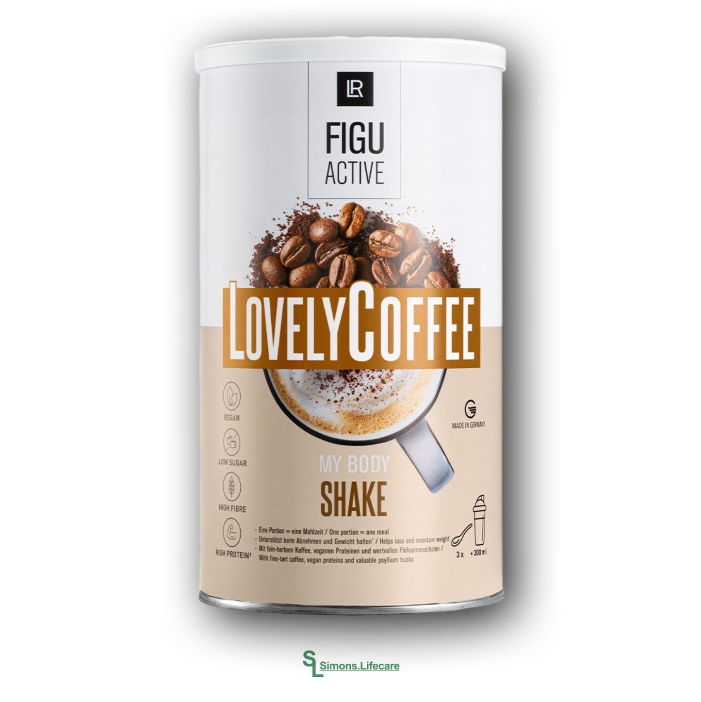 Veganer Kaffee-Shake mit pflanzlichem Protein und Ballaststoffen. Cremiger Shake als vollwertiger Mahlzeitersatz - der LR FIGUACTIVE Lovely Coffee Shake Kaffee-Geschmack, 496g Dose = 16 Portionen je 31g. Jetzt bei Simons.Lifecare zum SONDERPREIS!