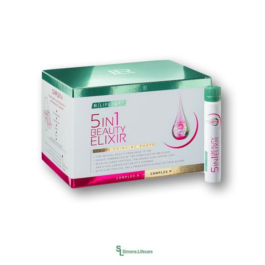 Dein täglicher Beauty-Shot für Haut, Haare und Nägel - erfülle dir deine 5 Beauty-Wünsche mit dem LR 5 in 1 Beauty Elixir 5in1, 30 Ampullen je 25ml = 750ml. Jetzt bei Simons.Lifecare zum SONDERPREIS!
