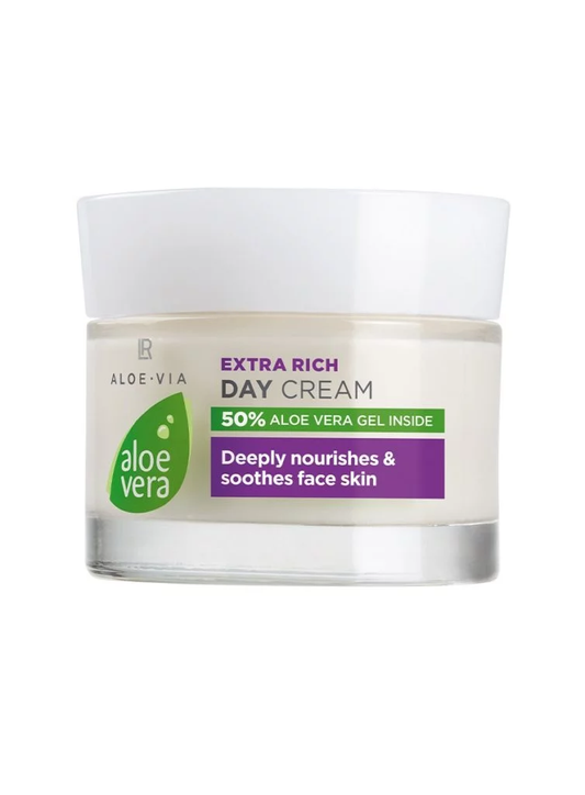 Intensive Pflege für beanspruchte Gesichtshaut, mit Aloe Vera und hochwertigem Arganöl - die LR Aloe Vera Extra-Rich Day Cream Extra Reichhaltige Tagescreme (50ml).