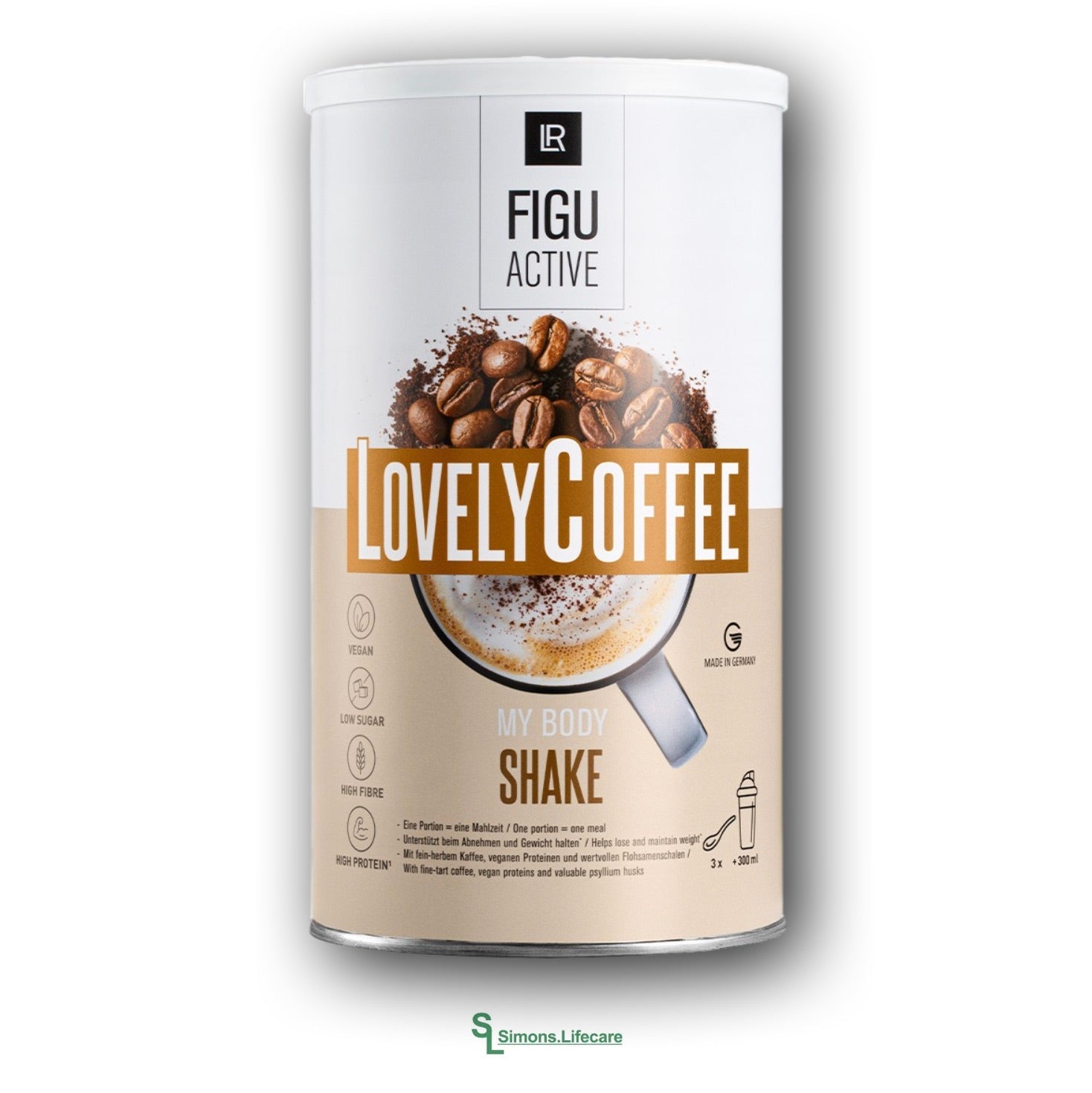 Veganer Kaffee-Shake mit pflanzlichem Protein und Ballaststoffen. Cremiger Shake als vollwertiger Mahlzeitersatz - der LR FIGUACTIVE Lovely Coffee Shake Kaffee-Geschmack, 496g Dose = 16 Portionen je 31g. Jetzt bei Simons.Lifecare zum SONDERPREIS!