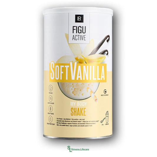 Cremiger Vanille-Genuss als vollwertiger Mahlzeitersatz. Vegan, mit pflanzlichem Protein und Ballaststoffen - der LR FIGUACTIVE Soft Vanilla Shake Vanille-Geschmack, 496g Dose = 16 Portionen je 31g. Jetzt bei Simons.Lifecare zum SONDERPREIS!