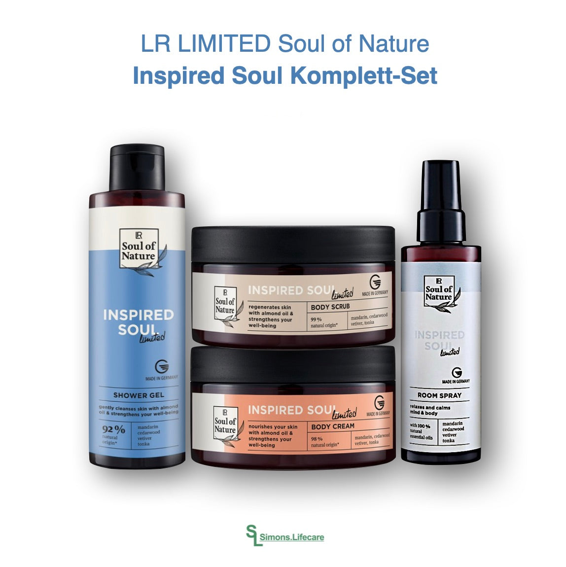 LR LIMITED Soul of Nature Inspired Soul Komplett-Set (Shower Gel + Body Scrub + Body Cream + Room Spray). Jetzt bei Simons.Lifecare zum SONDERPREIS!